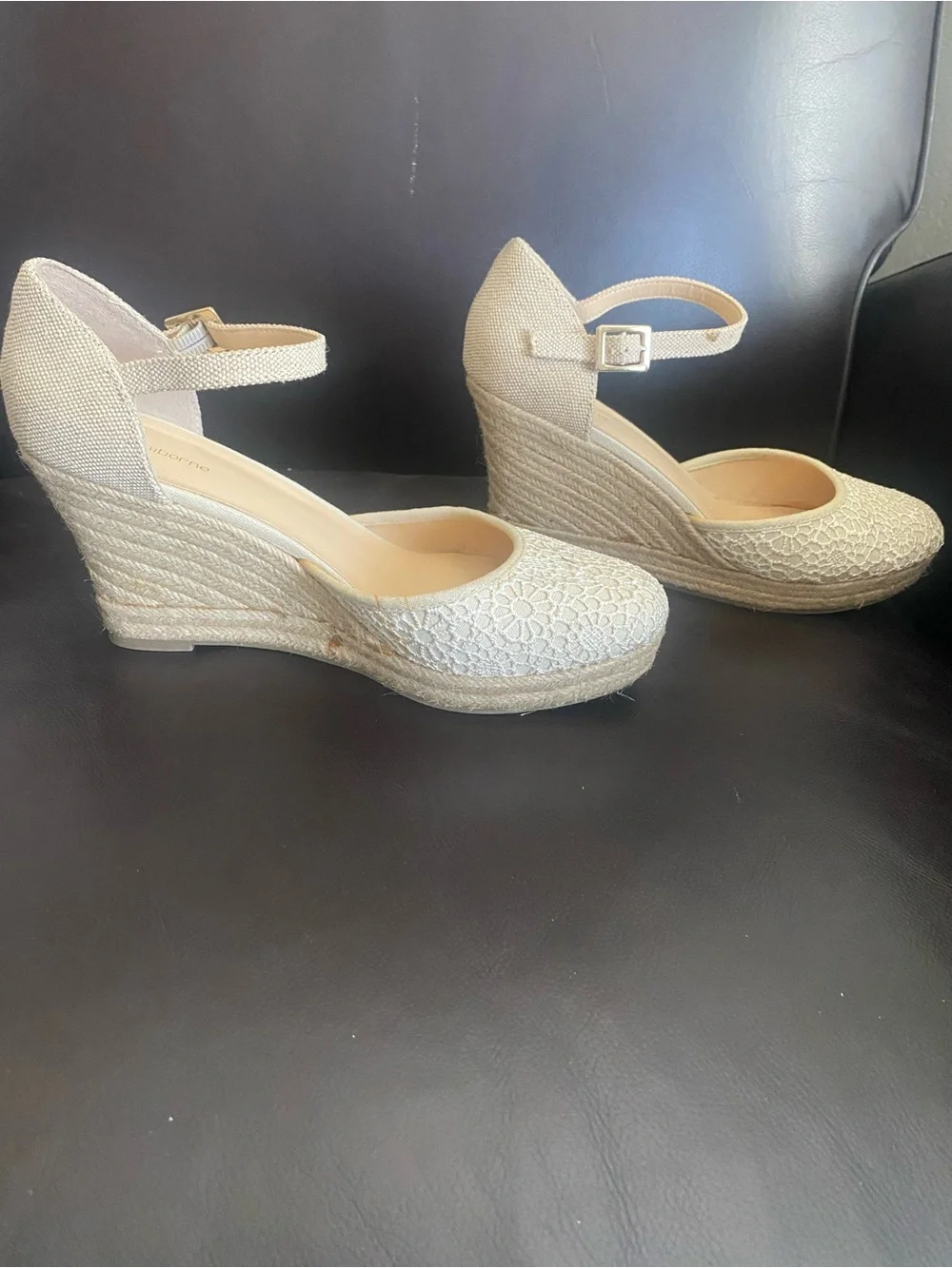 Liz Claiborne Beige Crochet Espadrille Wedge Sandals with Ankle Strap